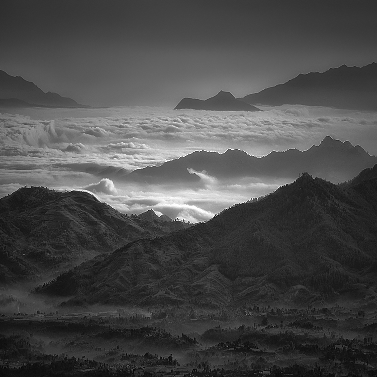 paysage d'Asie en noir et blanc