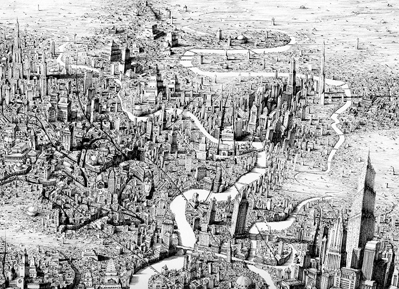 paysages fictifs urbains dessinés à l'encre par Ben Sack