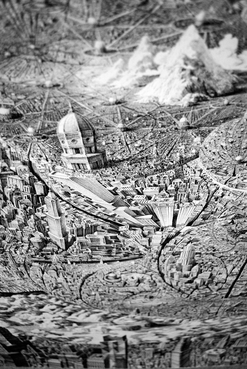 paysages fictifs urbains dessinés à l'encre par Ben Sack