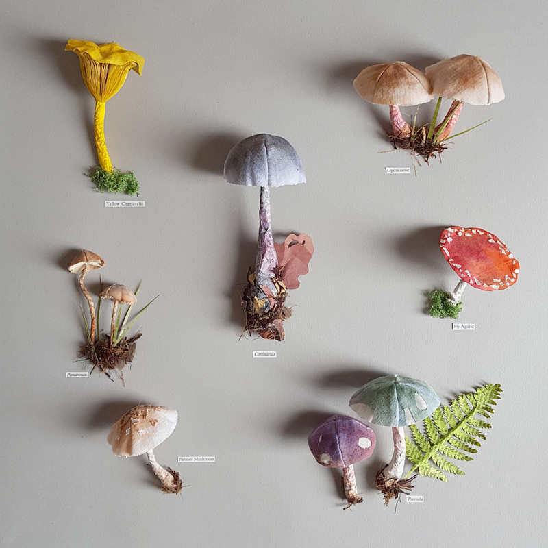 Sculptures de fleurs, champignons et insectes à partir de papier recyclé par Kate Kato