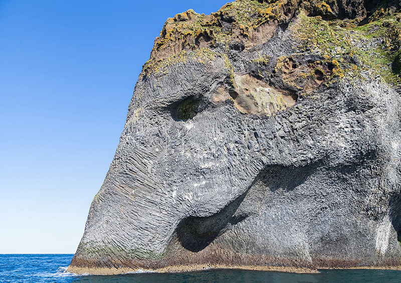 visage d'éléphant surgit d'une falaise de l'île de Heimaey