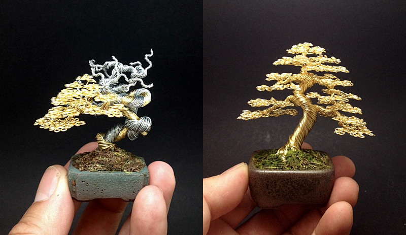 bonsaï miniature en fil de fer par Ken To
