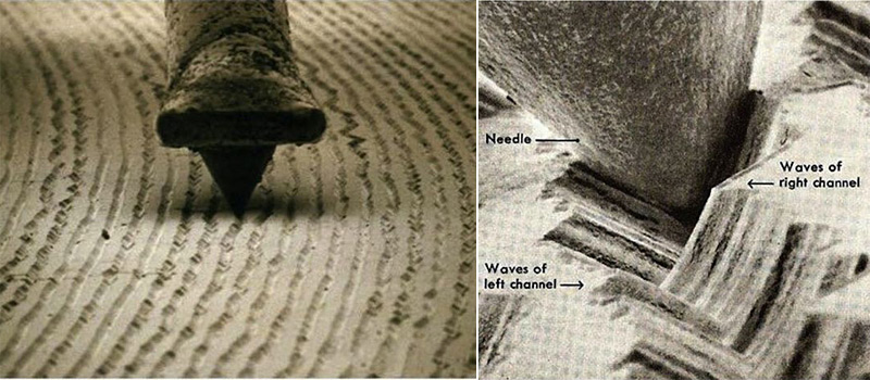 Microsillon d'un disque vinyle agrandi 1000 fois par un microscope